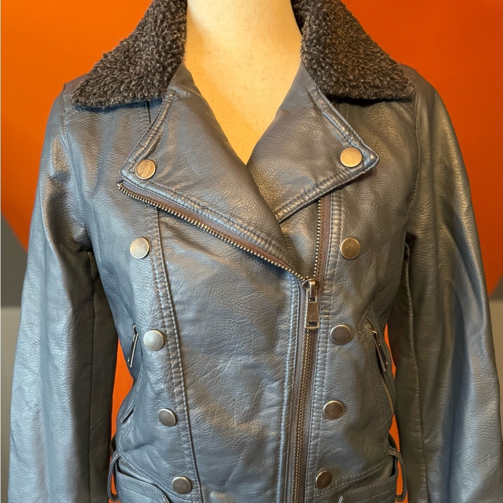 Jolt Dark Gray Faux Leather Moto Jacket with Sherpa Collar